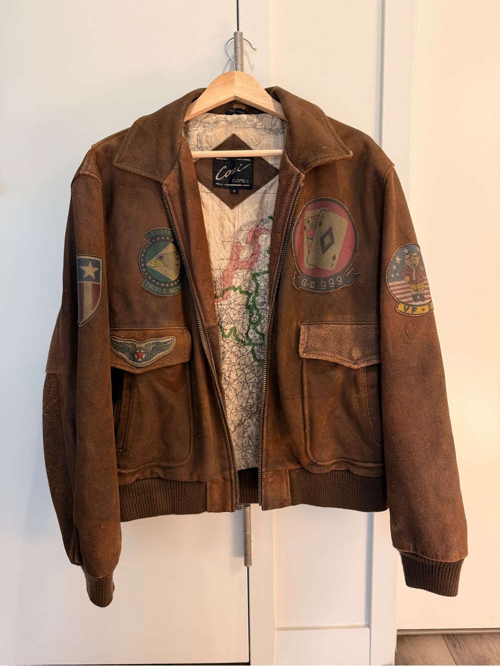 Vintage Brown Leather Bomber Jacket with Vintage Patches